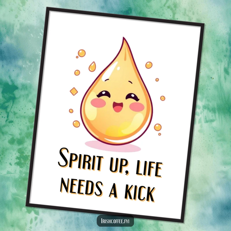 Funny Free Printable Wall Art featuring a blushing whiskey droplet swirling with excitement, adding a spirited and artistic touch.