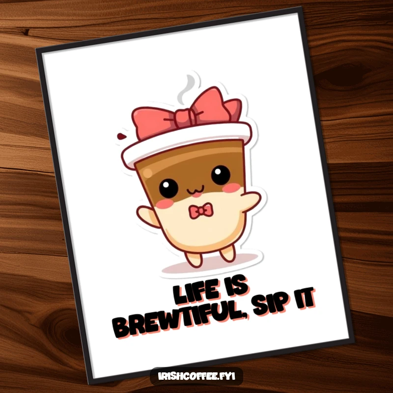 Funny Free Printable Wall Art: A playful coffee character with a bow spinning, adding quirky energy to decor.