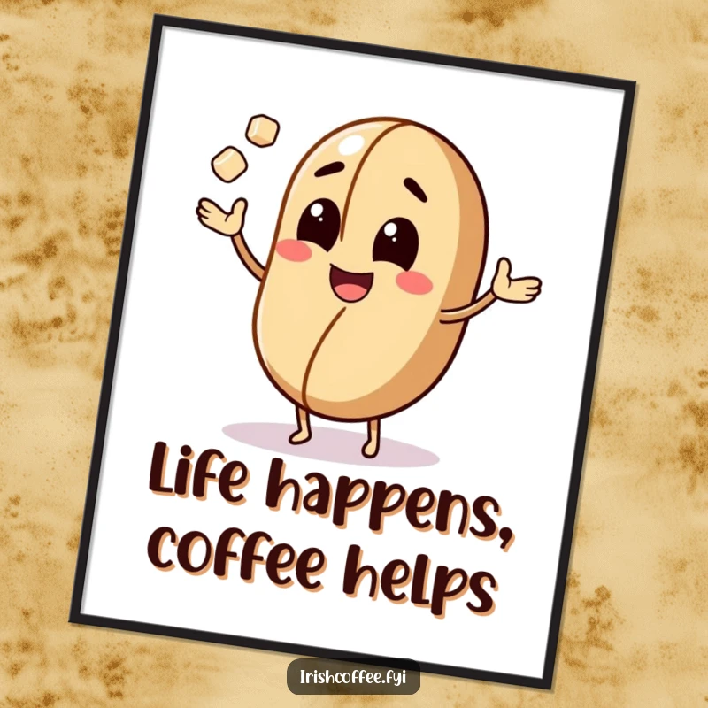 Funny Free Printable Wall Art of a happy coffee bean character juggling sugar cubes, adding playful energy.