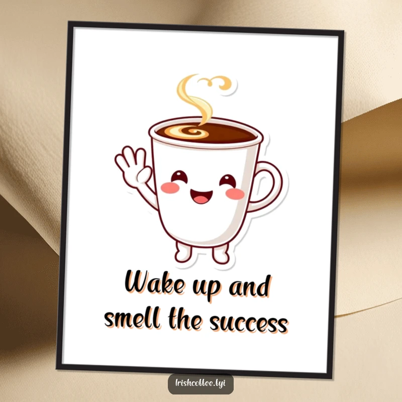 Funny free printable wall art: A smiling coffee cup character extending a happy little wave, offering a friendly hello.