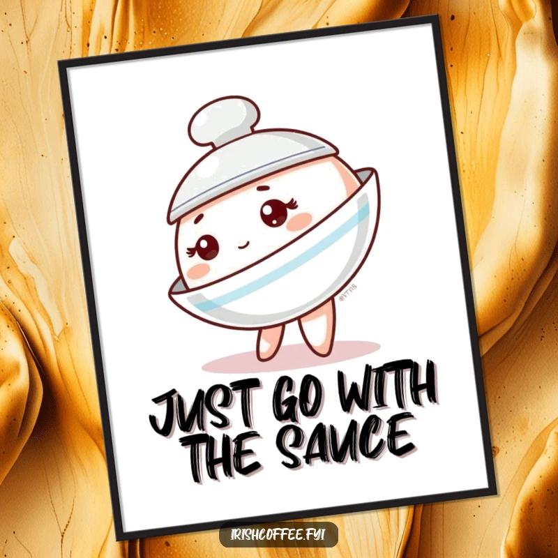 Funny Free Printable Wall Art depicting a charming saucer character gently tipping to its side, adding a touch of playful sophistication.