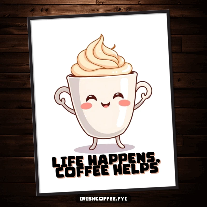 Funny free printable wall art of a smiling coffee cup joyfully dancing with cream swirling elegantly, bringing energy.