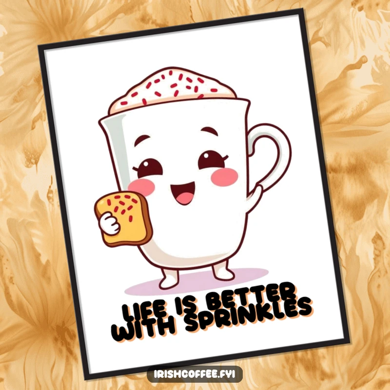 Funny Free Printable Wall Art of a coffee cup character toasting with sprinkles, bringing festive cheer to any room.
