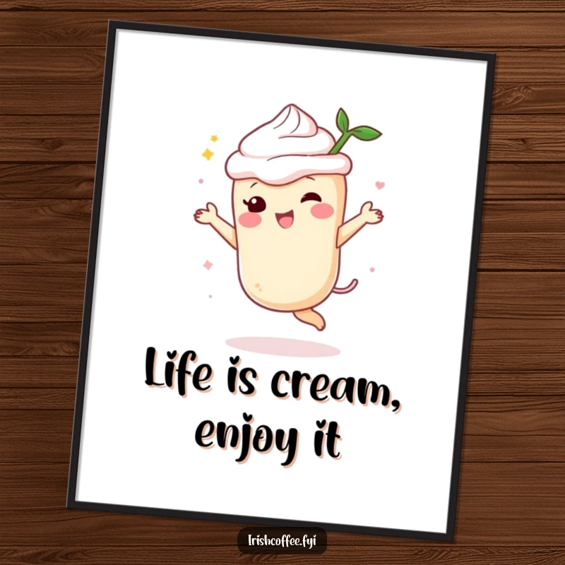 Funny Free Printable Wall Art depicting a jubilant cream liqueur character dancing with delight, bringing a festive and cheerful atmosphere.