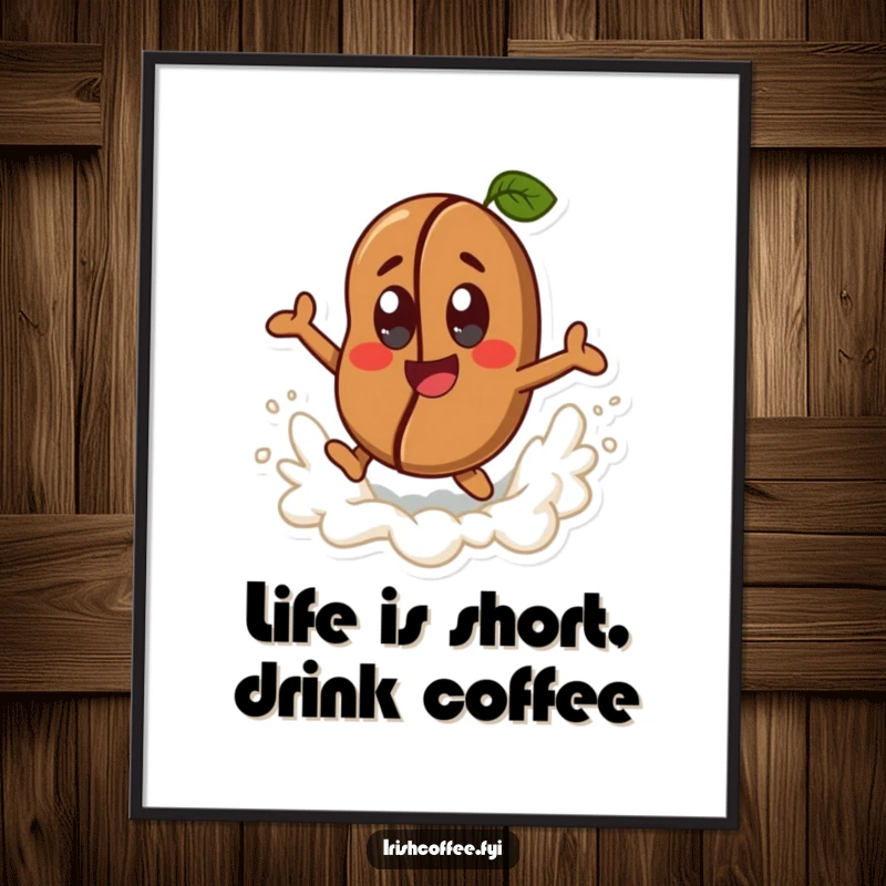 Funny Free Printable Wall Art: Happy coffee bean character with cheerful eyes joyfully leaping from a frothy wave, energetic decor.