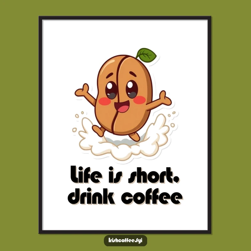 Add a dose of cheer to your space with this free printable wall art, featuring a leaping coffee bean. Download and print at home!