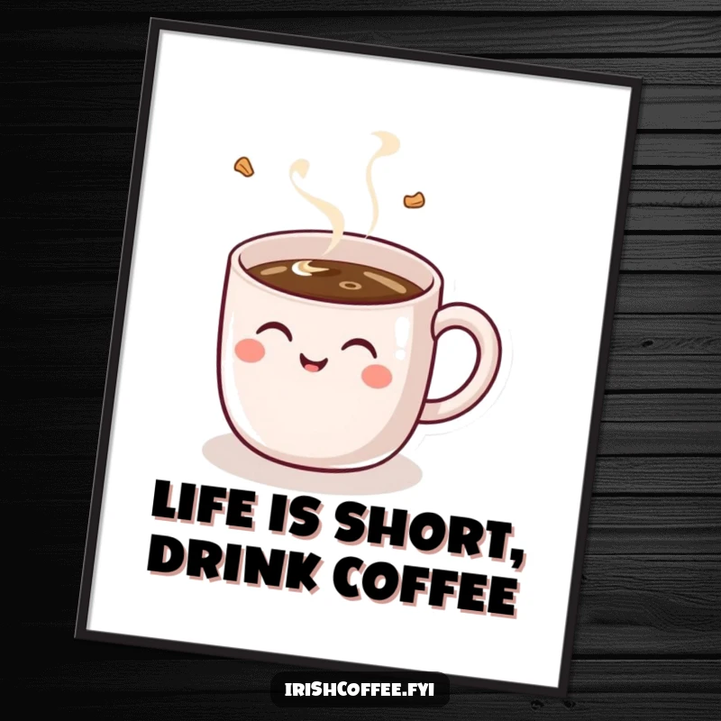 Funny Free Printable Wall Art: A happy coffee mug character with a handle, bursting with laughter while being filled with a beverage.