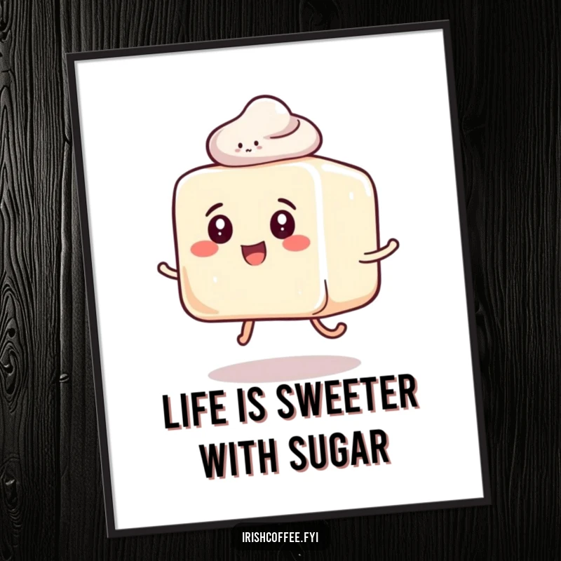 Funny Free Printable Wall Art of a playful sugar cube with a wide grin, hopping happily, adding a whimsical touch to any space.