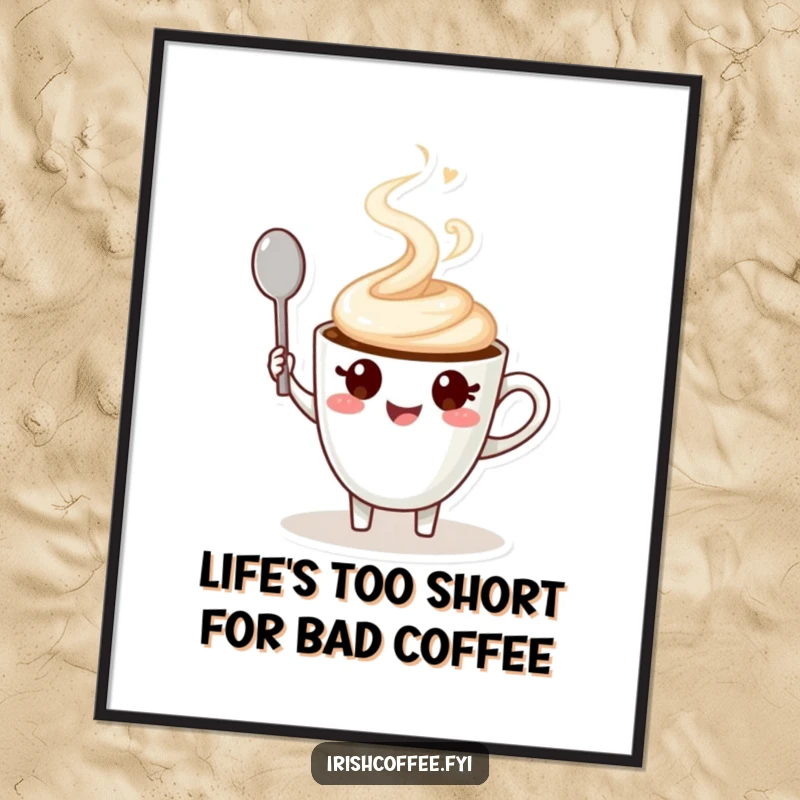 Funny Free Printable Wall Art: A steaming coffee cup character with a big smile, cheerfully waving a spoon, ready to brighten your day.