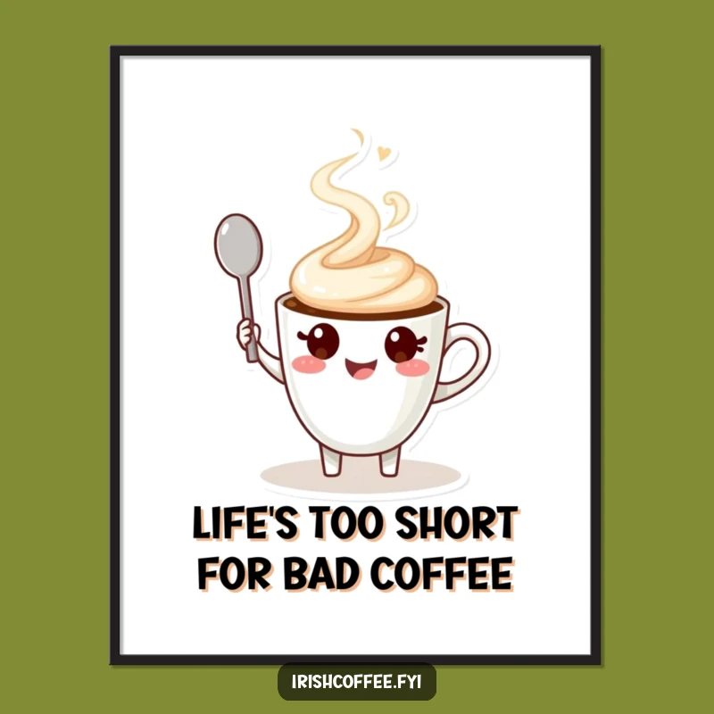 Funny Free Printable Wall Art: Cheerful Coffee Cup Character Waving Spoon, Perfect Downloadable Decor