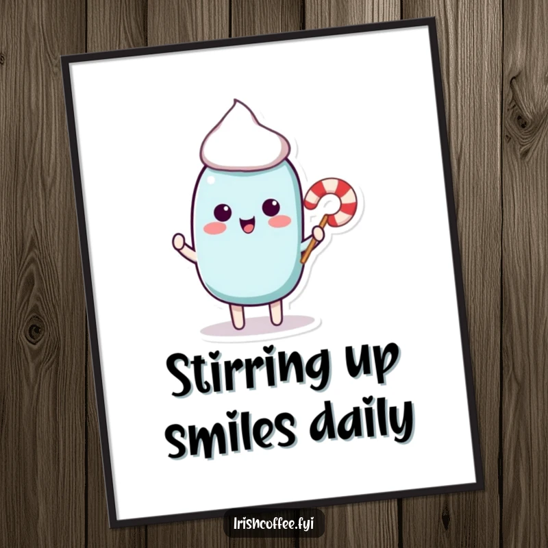 Funny Free Printable Wall Art: Playful stir stick character holding out a tiny candy cane, adding sweetness.