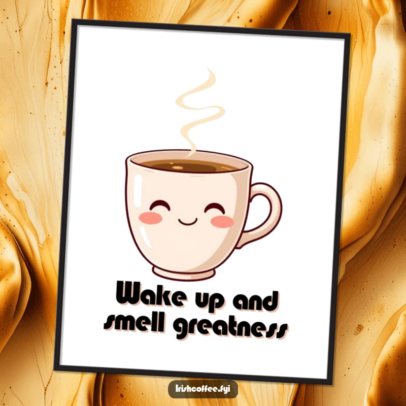 Funny Free Printable Wall Art: Cute coffee cup with a smiling face, steaming with warmth and friendliness.