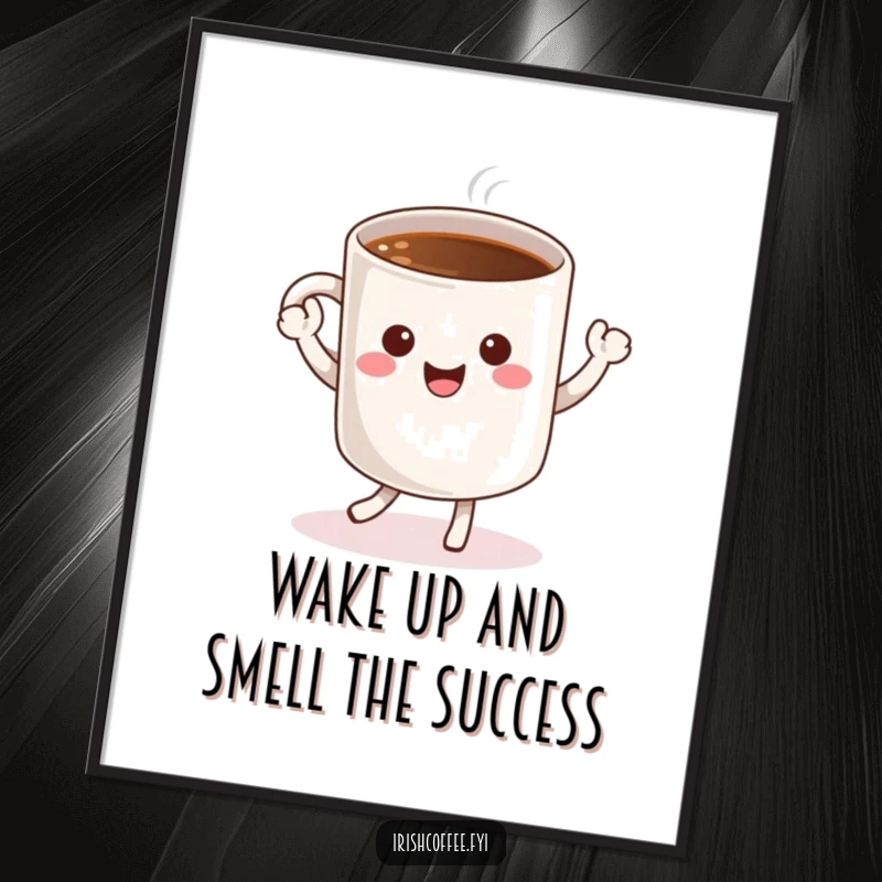 Funny Free Printable Wall Art: A cheerful coffee mug character doing a happy dance, great for DIY.