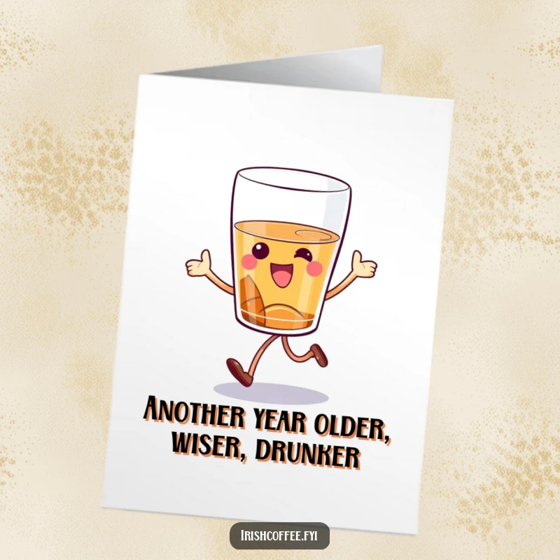 Funny Free Printable Birthday Card featuring a happy whiskey glass doing a cheerful hop, ready to bring party vibes.