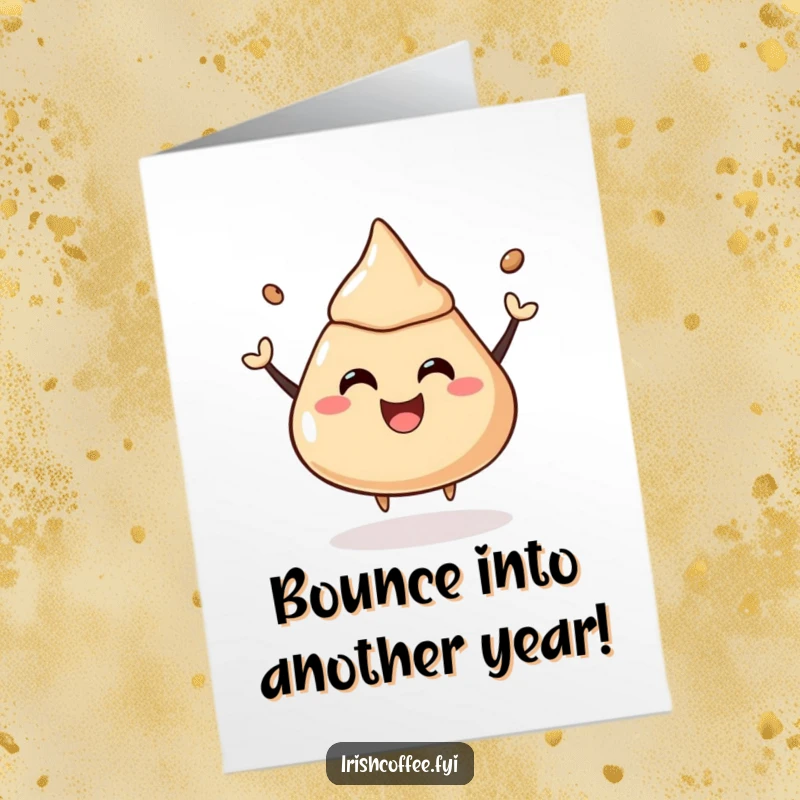 Funny Free Printable Birthday Card: a bouncing coffee liquor dollop with a joyful expression, full of birthday energy.