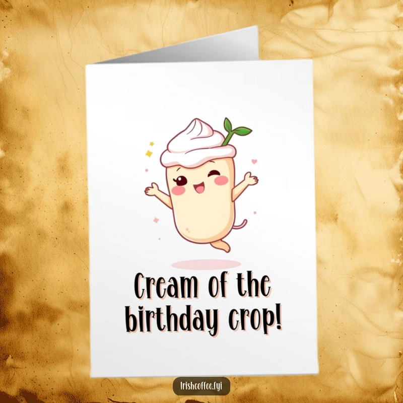 Funny Free Printable Birthday Card featuring a joyful cream liqueur character dancing with delight, spreading celebratory cheer and good times.