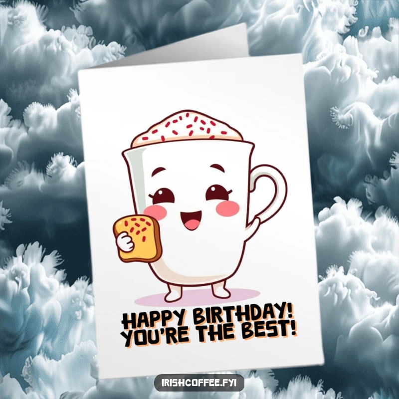 Funny Free Printable Birthday Card featuring a cheerful coffee cup character offering a toast with colorful sprinkles, spreading birthday joy.
