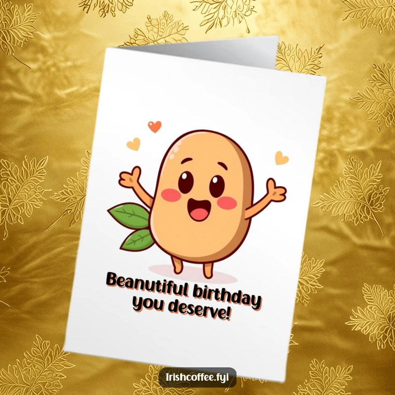 Funny Free Printable Birthday Card featuring a cheerful coffee bean character excitedly popping up with a big smile.