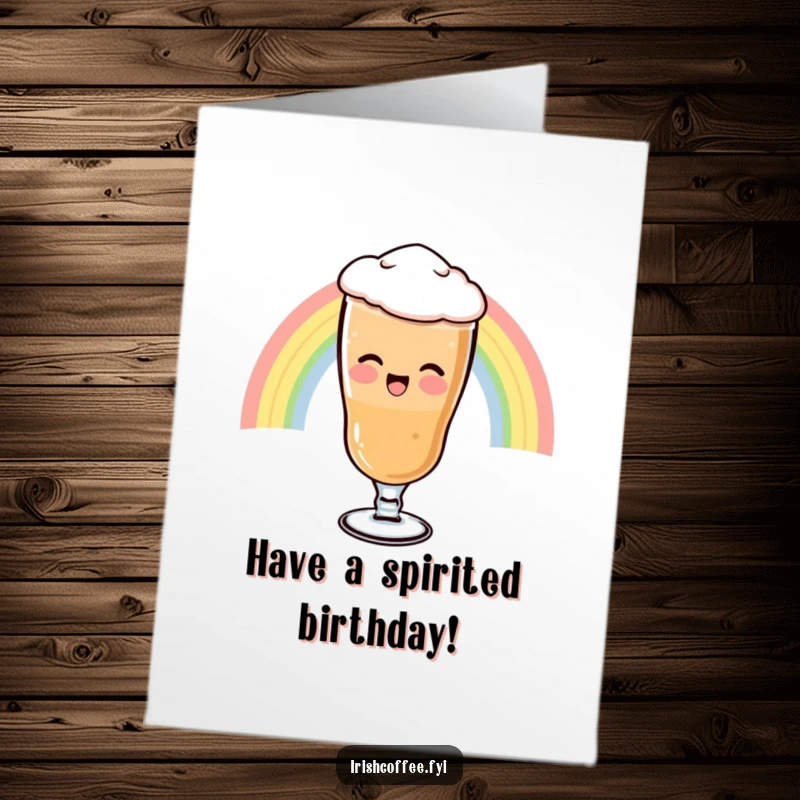 Funny Free Printable Birthday Card: A giggling Irish coffee glass sliding down a rainbow, celebrating with magical humor.