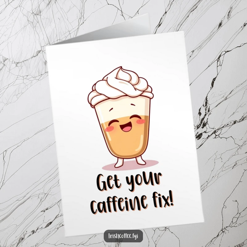 Funny Free Printable Birthday Card: A coffee cup character with whipped cream hair giggles while doing a funny wobble.