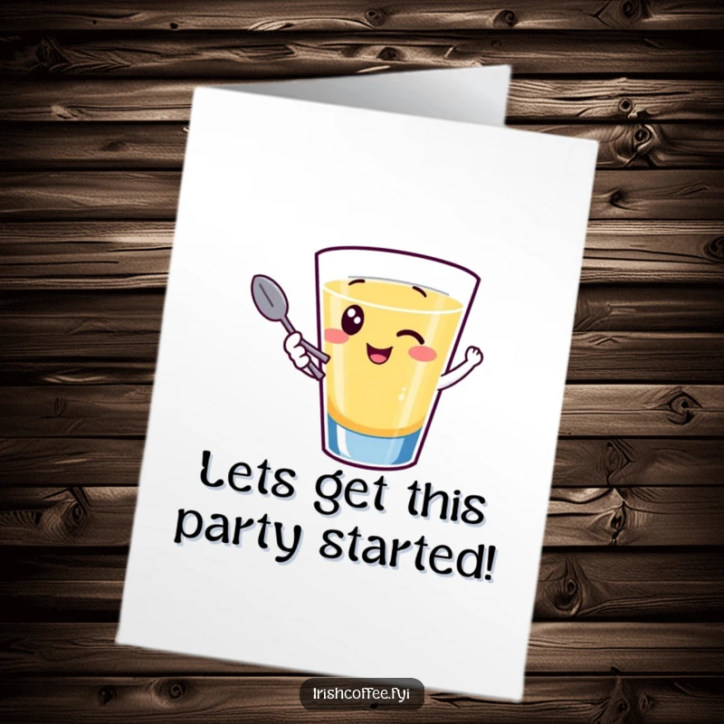 Funny Free Printable Birthday Card: A giggling shot glass winks playfully, holding a tiny spoon, ready for birthday cheers.