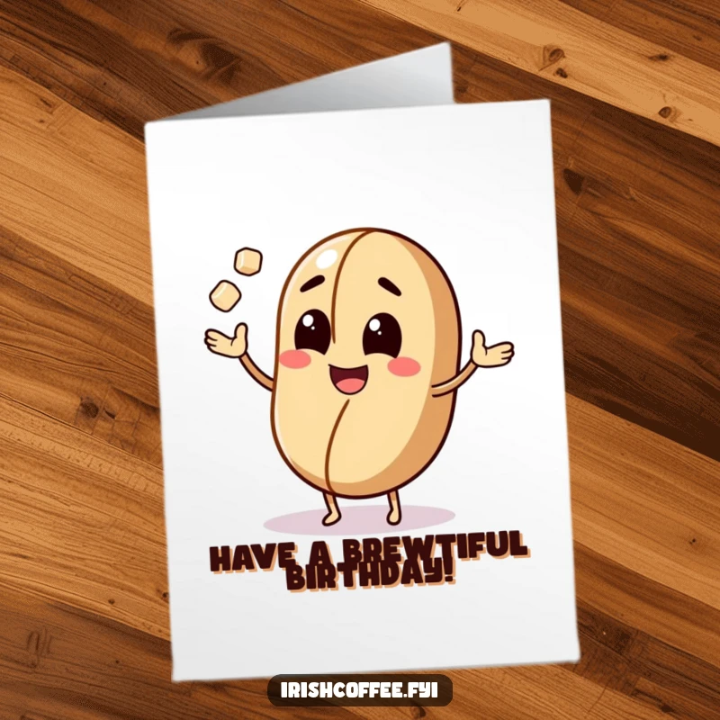 Funny Free Printable Birthday Card: a cheerful coffee bean happily juggles sugar cubes, spreading birthday joy.