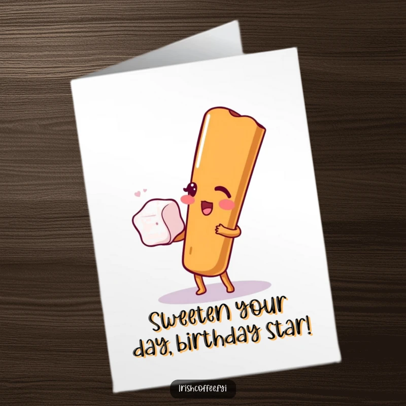 Funny Free Printable Birthday Card: A cheerful cinnamon stick winks skillfully while balancing a sugar cube, adding spice to wishes.