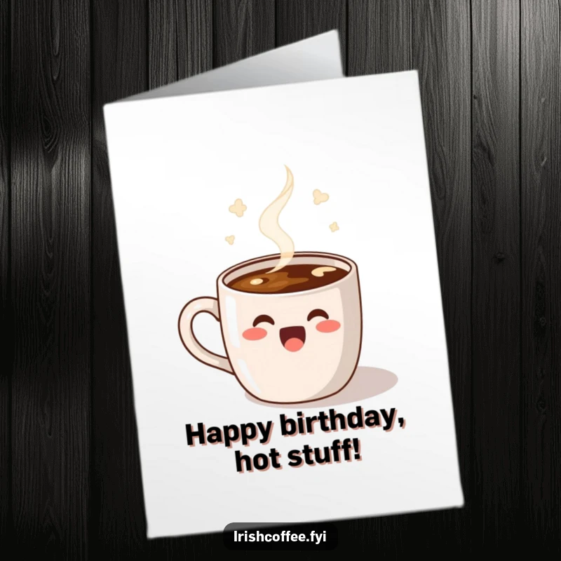 Funny Free Printable Happy Birthday card featuring a delighted coffee mug with steam happily dancing, radiating pure joy and warmth.
