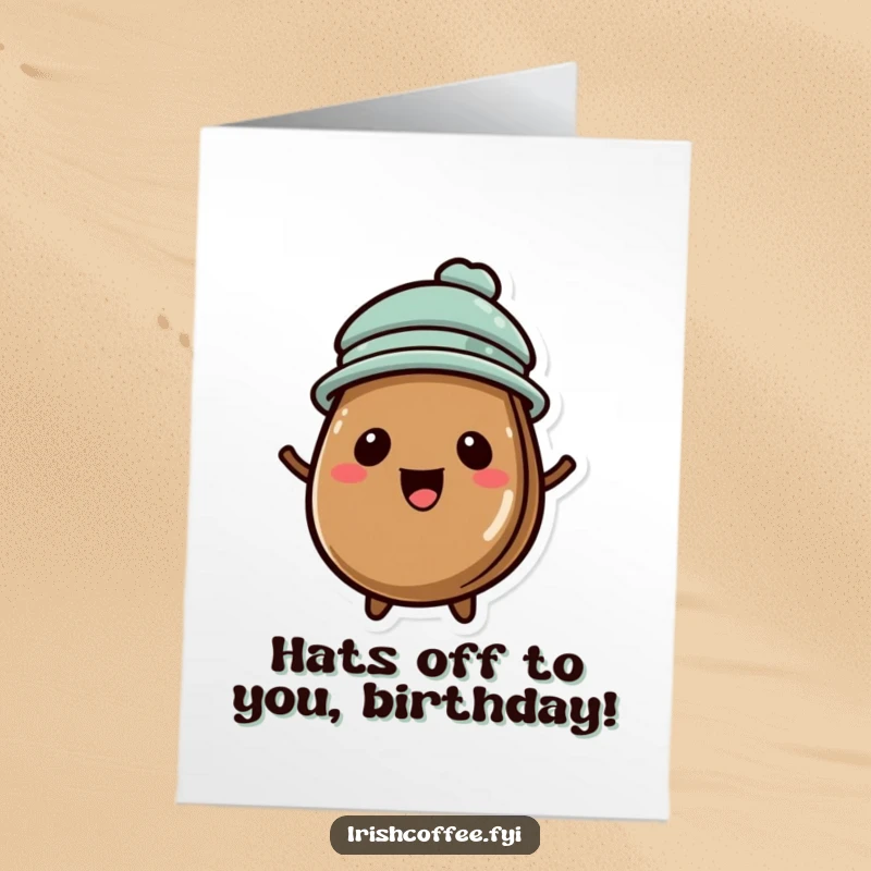 Funny Free Printable Birthday Card: a delighted coffee bean wearing a tiny party hat, ready to celebrate.