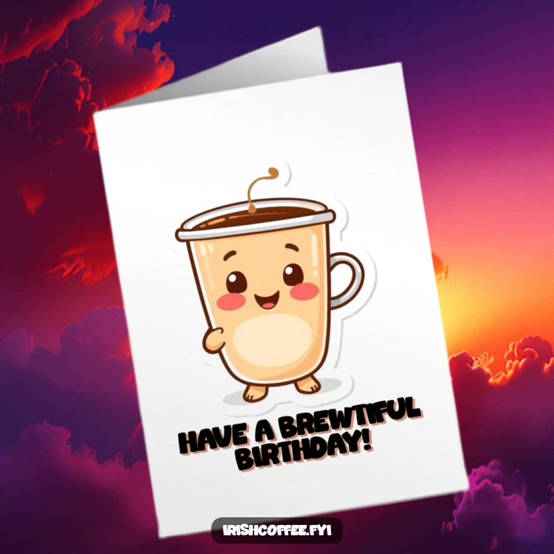 Funny free printable birthday card: A cheerful coffee cup character beaming with a warm and inviting smile, full of birthday cheer.