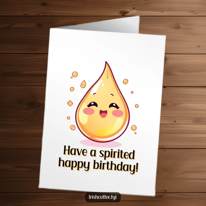 Funny Free Printable Birthday Card: a blushing whiskey droplet swirling with excitement, ready to toast the birthday.