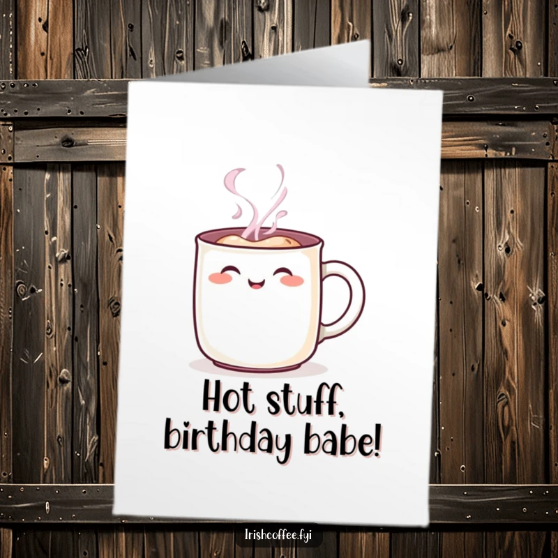 Funny Free Printable Birthday Card featuring a steaming mug with a rosy blush, radiating pure joy and warmth for a special celebration.
