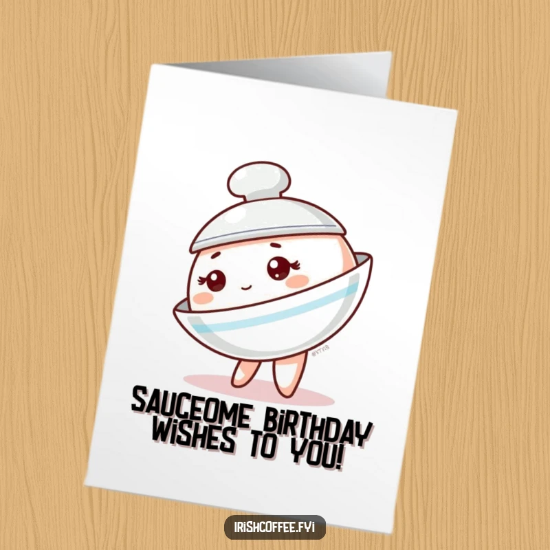 Funny Free Printable Birthday Card featuring a cute saucer character playfully tipping to its side with a gentle, charming expression.