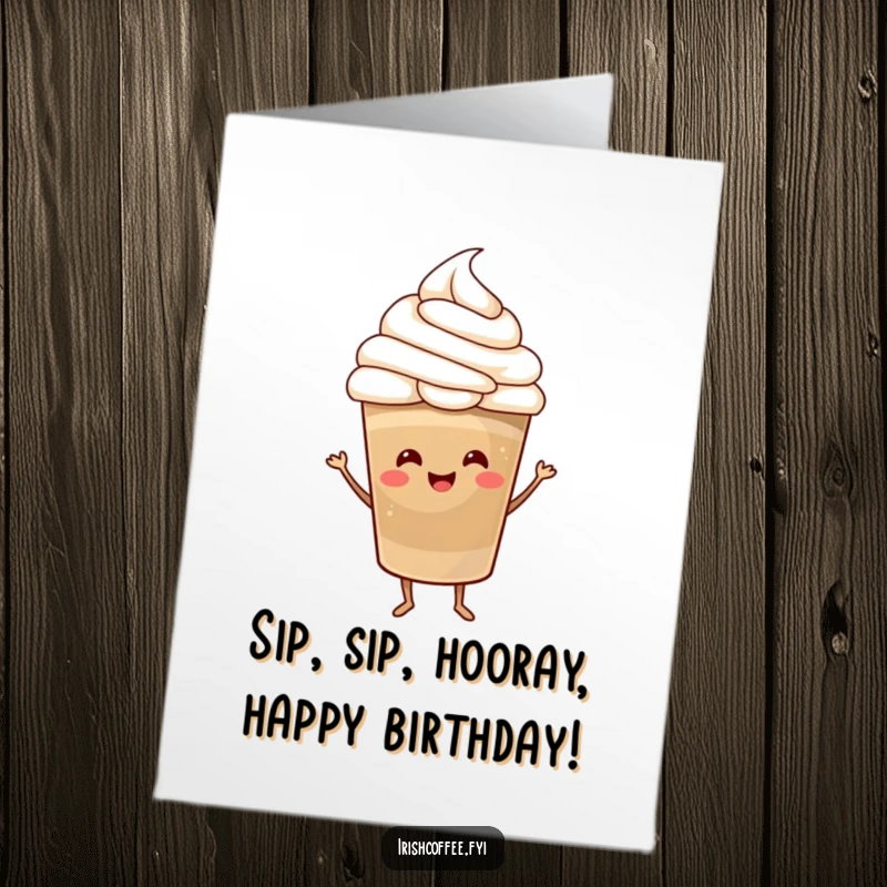 Funny Free Printable Birthday Card: A happy coffee cup with a whipped cream hat dancing joyfully to celebrate a birthday.