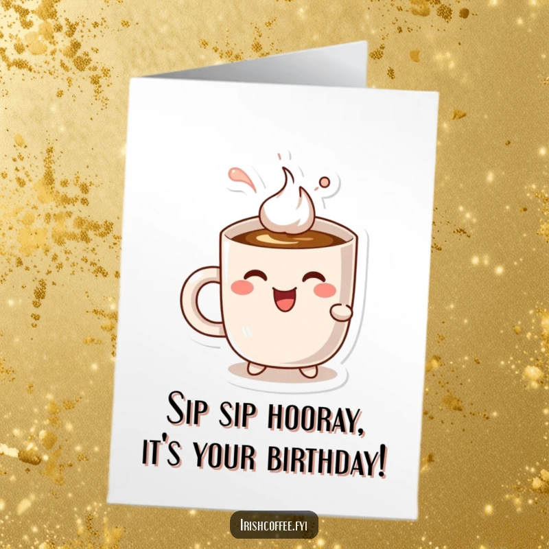 Funny free printable birthday card: A cheerful mug character joyfully sipping coffee with eyes closed in delight, celebrating happily.