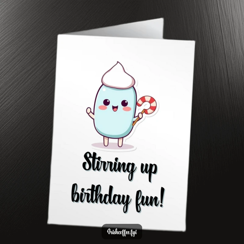 Funny Free Printable Birthday Card: Playful stir stick character offering a tiny candy cane, wishing a sweet birthday.