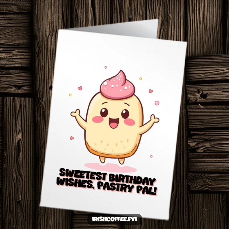 Funny Free Printable Birthday Card: Cheerful pastry character bounces energetically, sending clouds of sugar dust for a happy birthday.