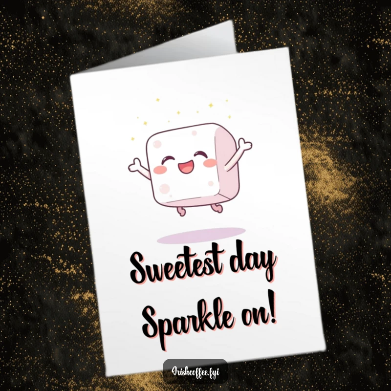 Funny Free Printable Birthday Card: A gleeful sugar cube leaping high, scattering celebratory sparkles for a birthday.