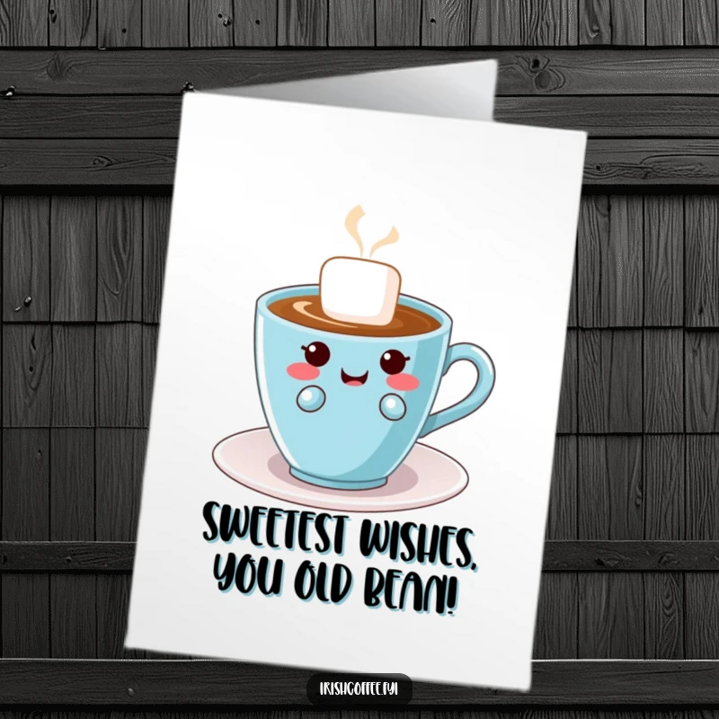 Funny Free Printable Birthday Card: A giggling sugar cube floats near coffee, looking mischievous and ready for fun.