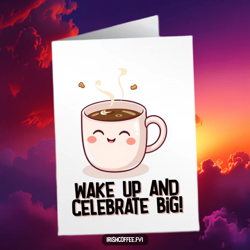 Funny Free Printable Birthday Card: A cheerful coffee mug with a handle joyfully giggling as it gets filled with hot beverage.