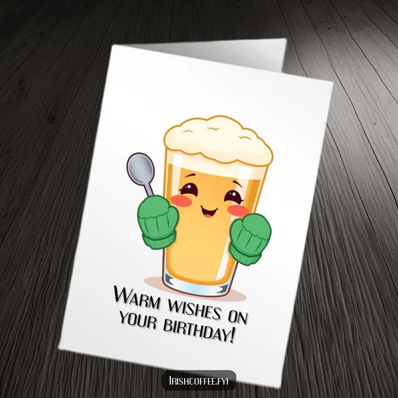 Funny Free Printable Birthday Card featuring a cheerful Irish coffee glass in tiny mittens, a heartwarming downloadable gift.