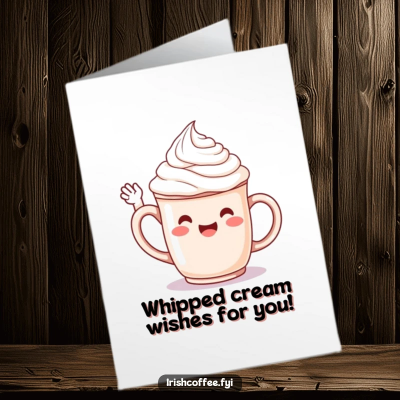 Funny Free Printable Birthday Card featuring a jubilant mug with whipped cream cheerfully waving hello, perfect for a funny downloadable gift.