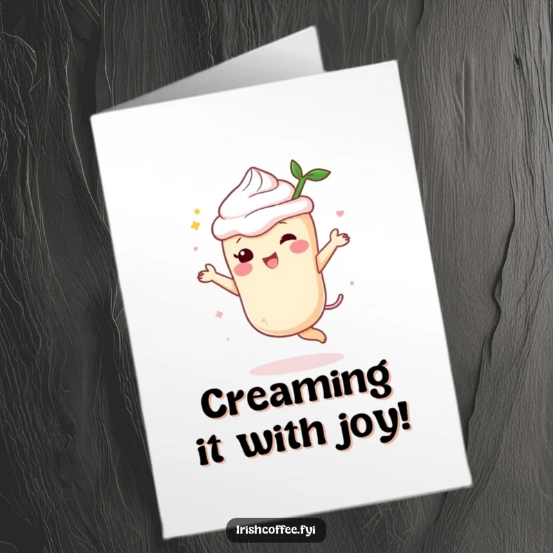 Funny Free Printable Congratulations Card showing a delighted cream liqueur character dancing with joy, perfect for celebrating big wins.