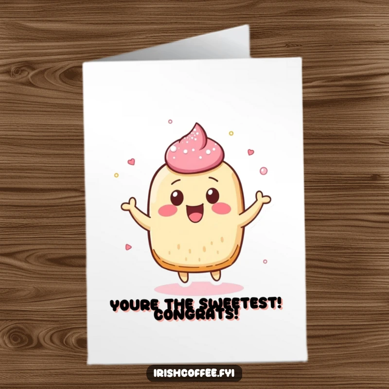 Funny Free Printable Congratulations Card: A cheerful pastry character bounces, showering sugar dust in celebration of an achievement.