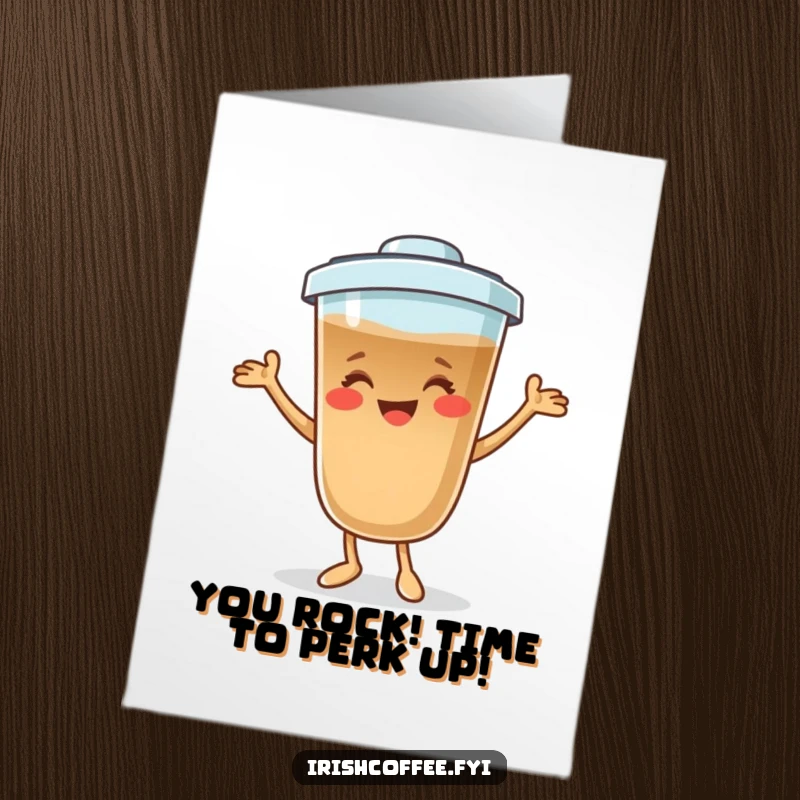 Funny Free Printable Congratulations Card showing a happy coffee character performing a lively dance, perfect for any win.