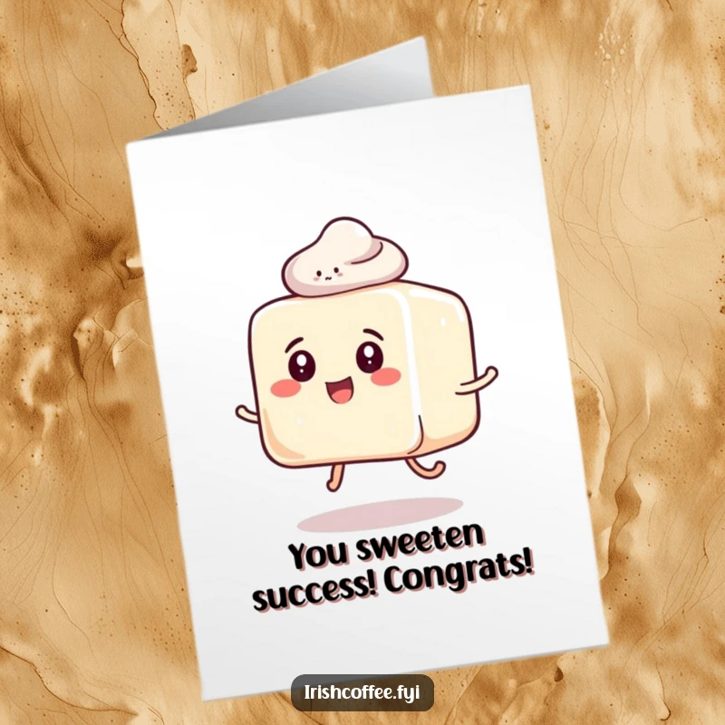 Funny Free Printable Congratulations card showing a smiling sugar cube happily hopping, radiating pure, sweet celebration.