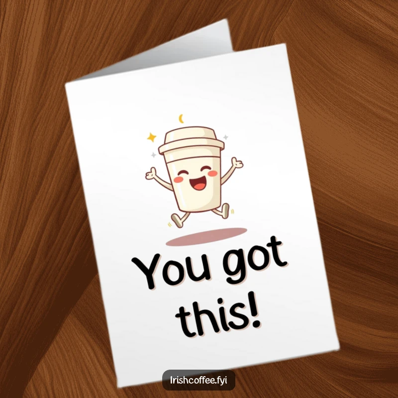 Funny Free Printable Congratulations Card: A beaming coffee cup character performs a joyful jump to celebrate.