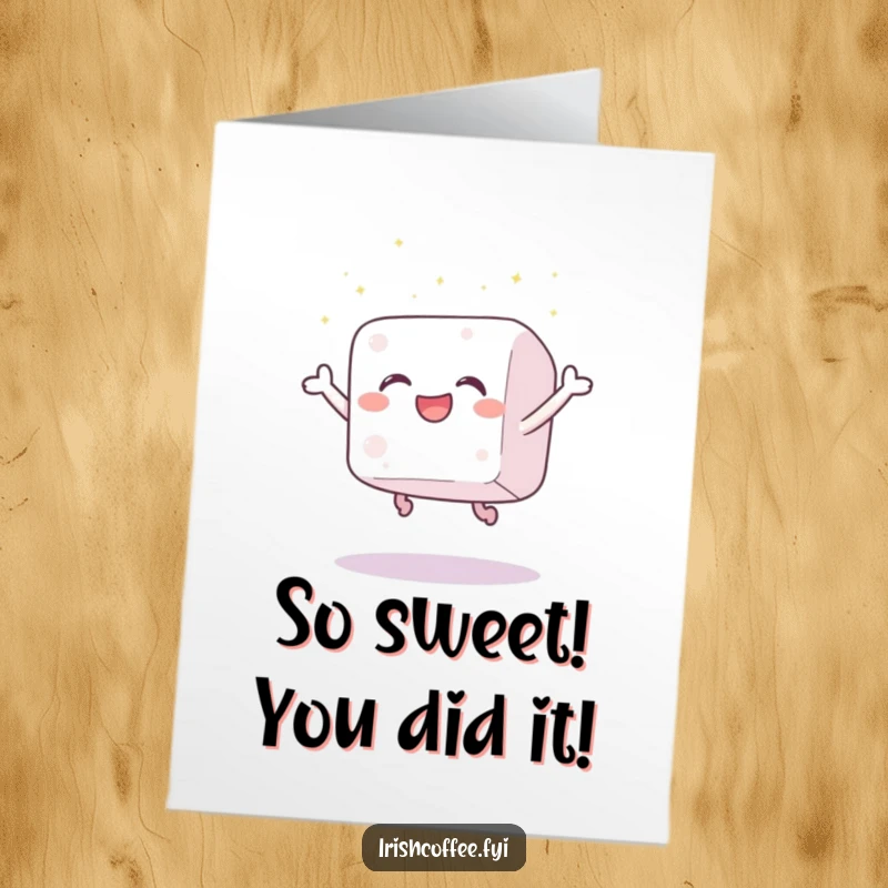 Funny Free Printable Congratulations Card: A gleeful sugar cube joyfully leaping and scattering tiny sparkles.