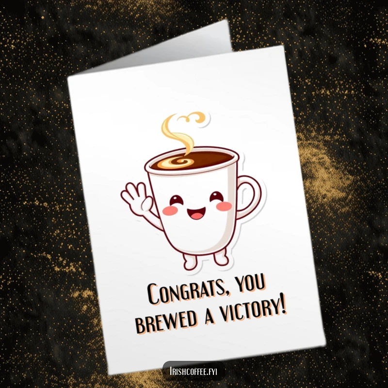 Funny free printable congratulations card: A smiling coffee cup character offering a happy little wave to cheer on your achievement.