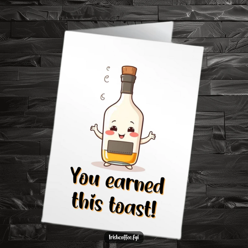 Funny Free Printable Congratulations Card: A smiling whisky bottle with steam, joyfully doing a wobbly celebratory dance.